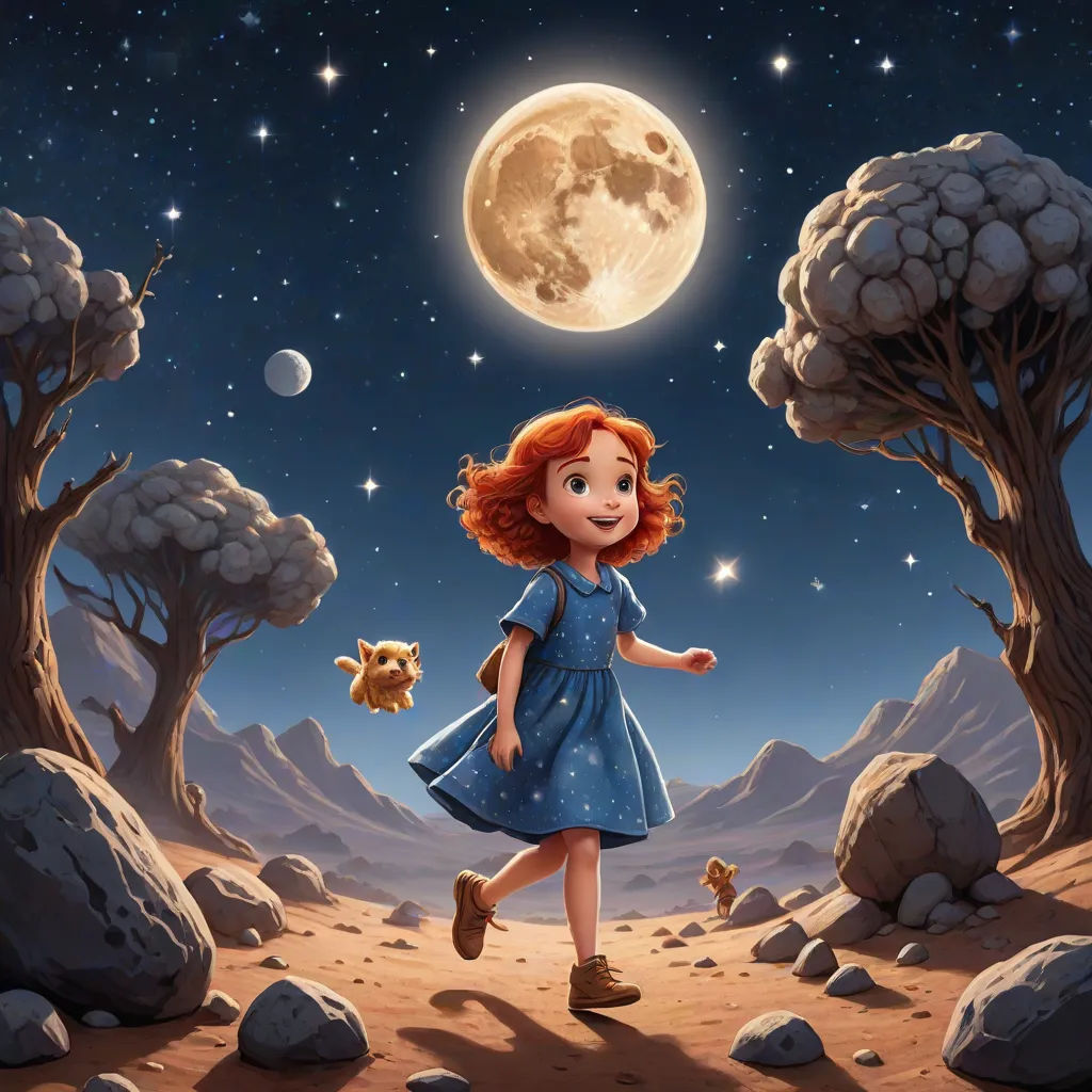 Soon, they 'landed' on the moon. They hopped around, pretending the low gravity was making them bounce. They discovered 'moon rocks' and even a friendly 'moon alien' made from a tree branch.