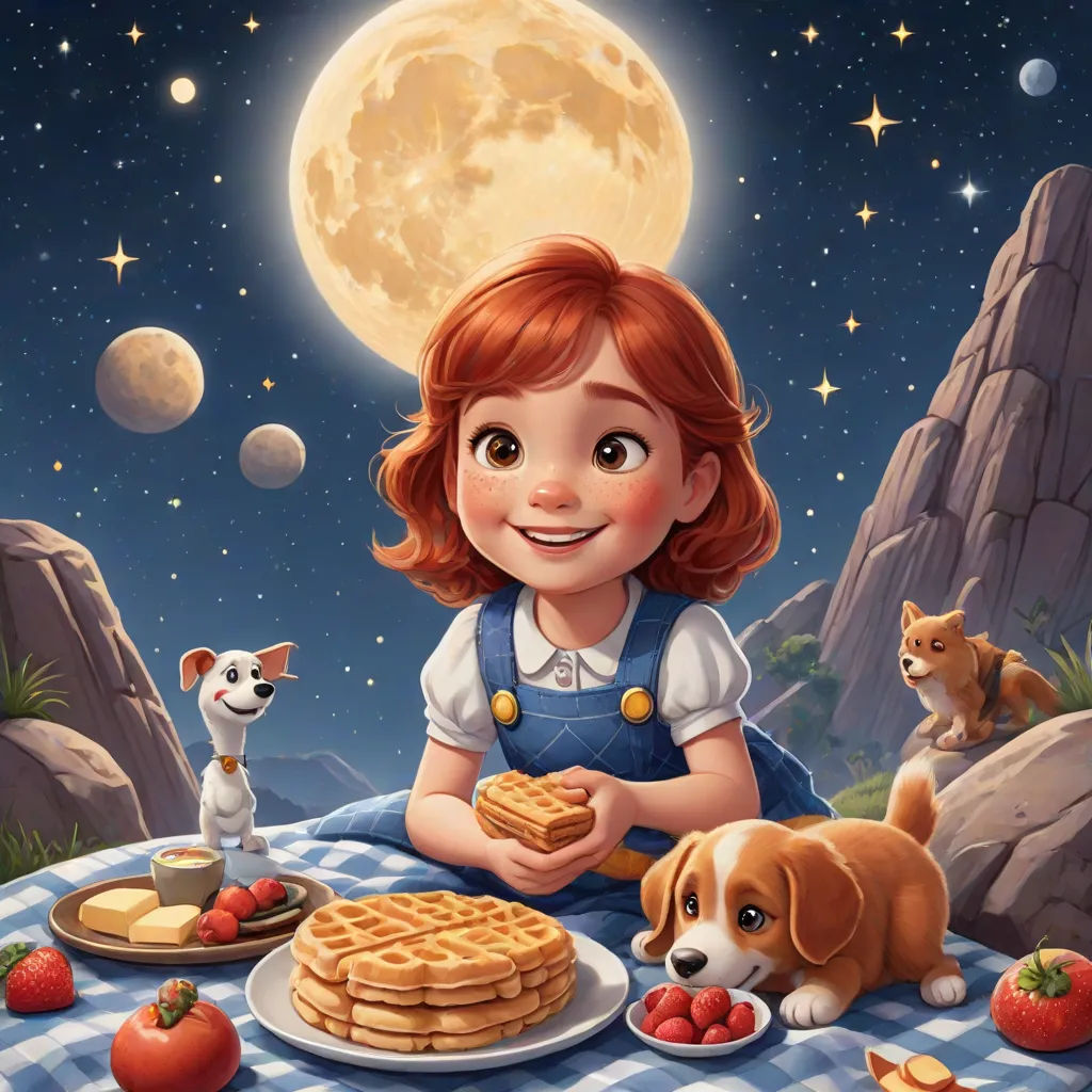 a girl sitting at a table with a plate of waffles and a dog on it with a full moon in the background, space art, a storybook illustration, Aaron Jasinski, promotional image