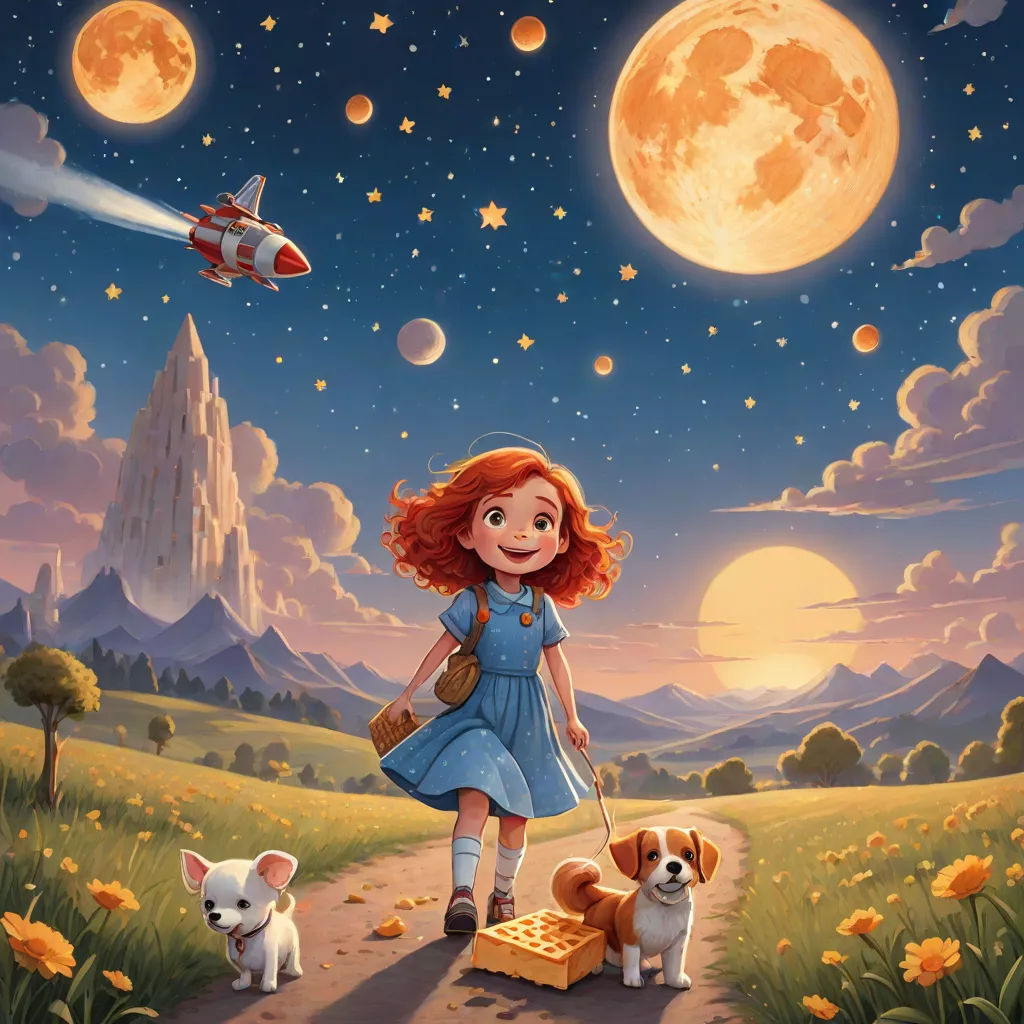 a painting of a girl and her dog walking towards a plane in the sky with a full moon in the background, space art, a storybook illustration, Aaron Jasinski, comic cover art