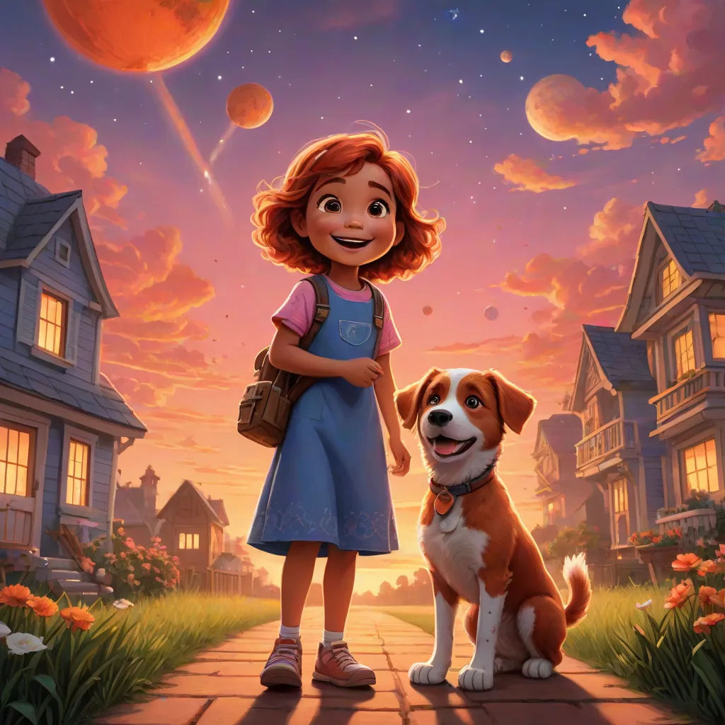 a girl and a dog standing in front of a sunset with a house and a sky full of planets, space art, poster art, Aaron Jasinski, key art