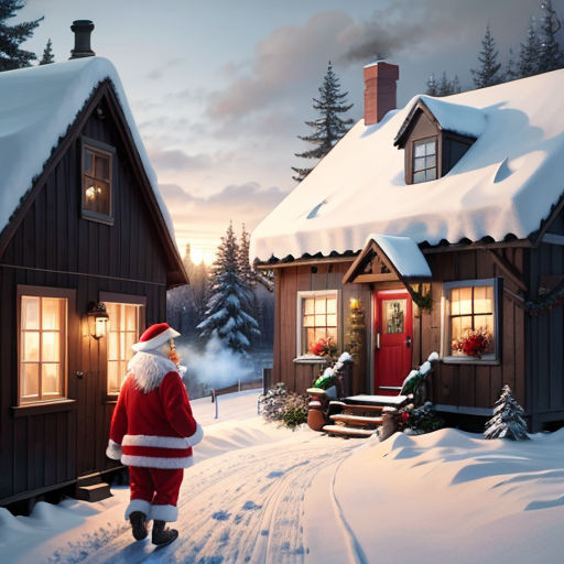 a santa clause is walking down a snowy road towards a cabin with a red door and a red door