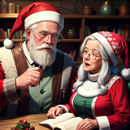 a man and woman dressed as santa claus reading a book together at a table with presents on it and a christmas tree