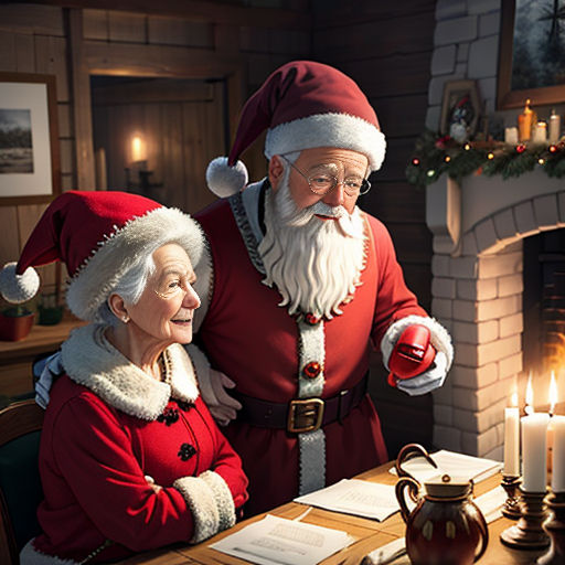 a man and woman dressed as santa claus at a table with a lit candle in front of them and a fireplace