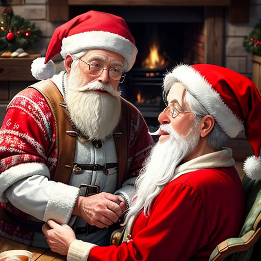 a man and woman dressed as santa claus sitting at a table with a christmas tree in the background and a fireplace