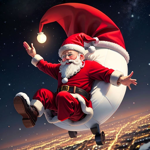a santa claus is flying through the air with a light bulb in his hand and a city in the background