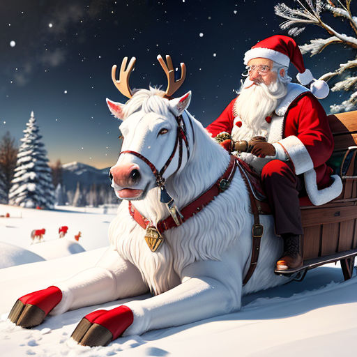 a santa clause riding on a sleigh with reindeers in the snow behind him and a sleigh with a santa clause on