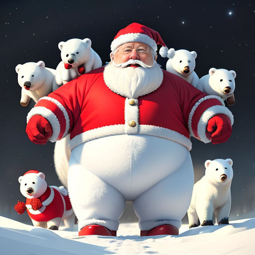 a santa clause standing in the snow with polar bears around him and a man in a red suit with a beard