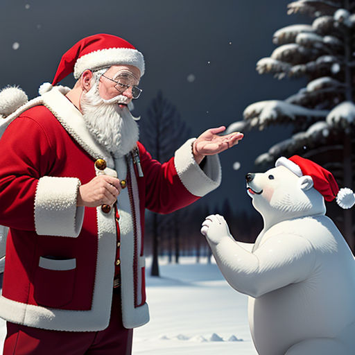a man dressed as santa claus standing next to a polar bear in the snow with a snowman behind him