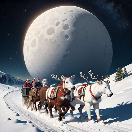 a group of people riding on the back of horses in the snow near a moon filled sky with stars