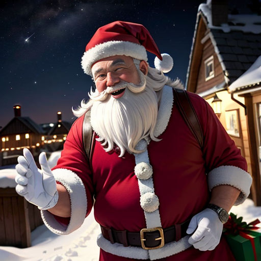 a man dressed as santa claus in front of a house with a christmas tree and presents in front of him