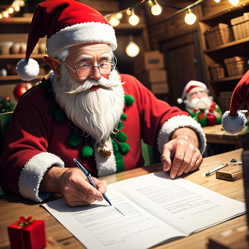 a man in a santa suit signing a paper at a desk with a christmas tree in the background and a santa clause hat on