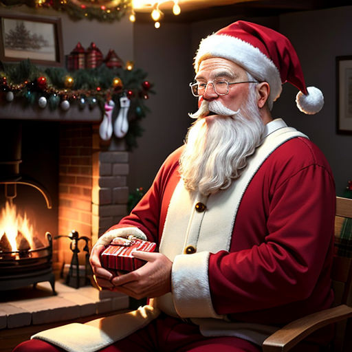 a man in a santa suit holding a present in front of a fireplace with a christmas tree in the background