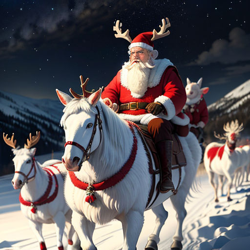 a santa clause riding a horse with reindeers in the snow behind him and a full moon in the sky