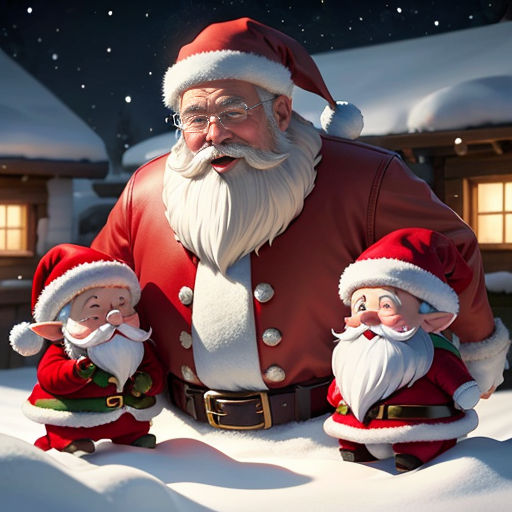 a santa clause statue with two elves in front of a house with snow on the ground and a snow covered roof