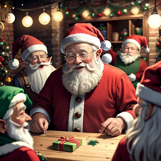 a group of santa clauss sitting around a table with presents on it and a man in a red suit