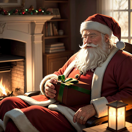 a man in a santa suit sitting in a chair with a present in his lap and a lit candle in front of him