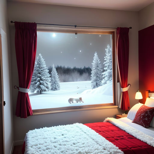 a bedroom with a large window and a red blanket on the bed and a white and red blanket on the bed