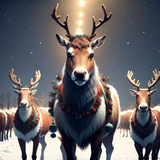a group of reindeers with christmas decorations on their heads and antlers on their backs, standing in the snow