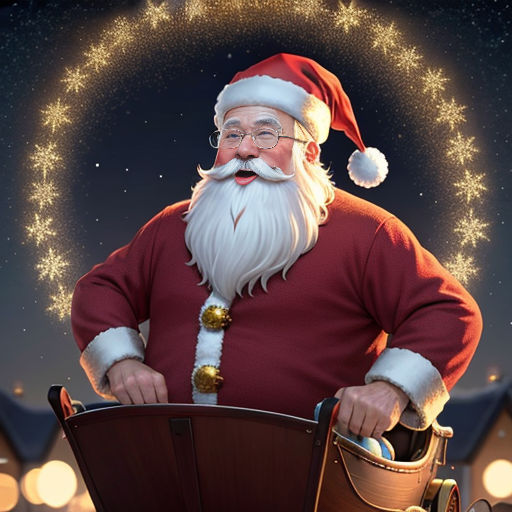 a santa clause is holding a sleigh with a santa clause on it's back and a christmas wreath in the background