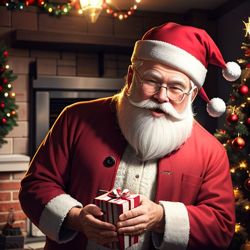 a man in a santa suit holding a present in front of a christmas tree with a fireplace and a christmas tree