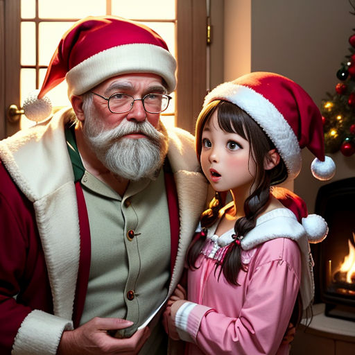 a man and a little girl dressed up in christmas costumes standing in front of a fireplace with a santa clause on
