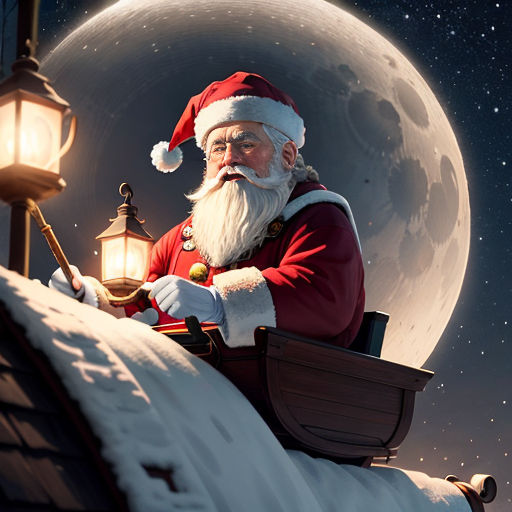a santa clause sitting on top of a roof next to a lantern and a lantern light in the night