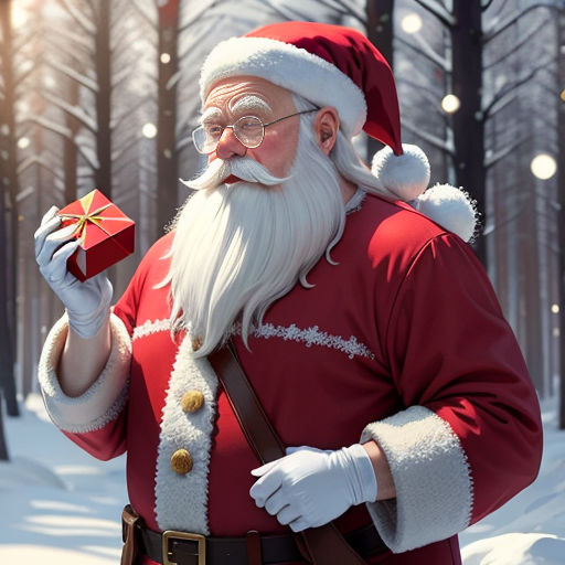 a man dressed as santa claus holding a present in the snow with a forest in the background with lights