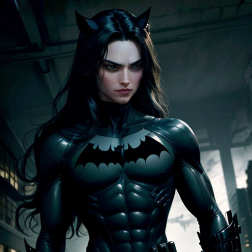 a woman dressed as batman in a dark room with a bat costume on and a cat on her chest