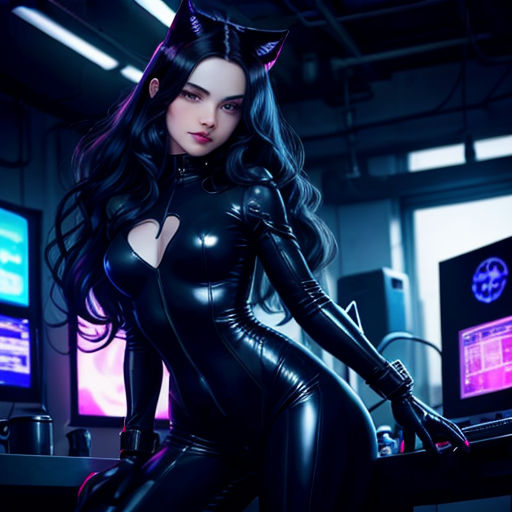 a woman in a cat suit is posing for a picture in a room with monitors and a keyboard and a mouse