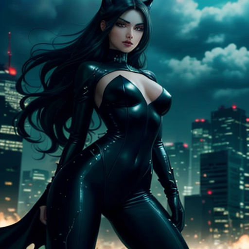 a woman in a cat suit is standing in the city at night with her hands on her hips and her hair blowing in the wind