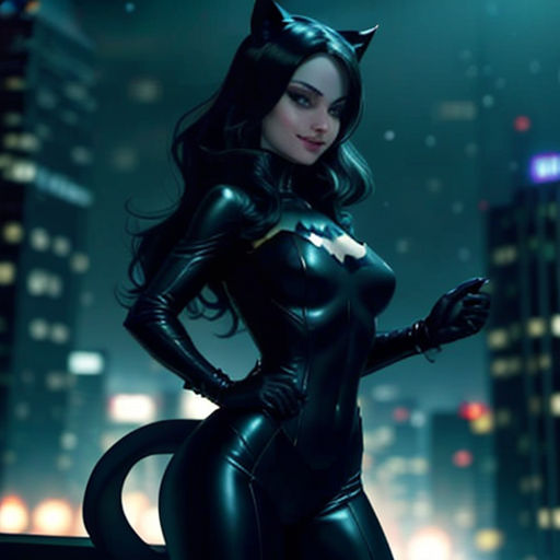 a woman in a cat suit standing in front of a city at night with a cat on her chest