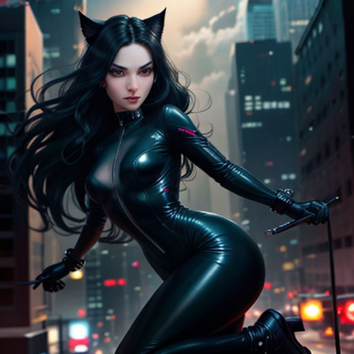 a woman in a cat suit is posing on a pole in the city at night with her hands on her hips