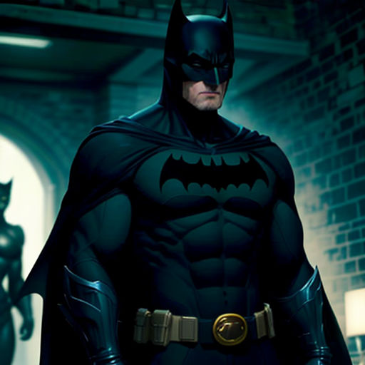 a man in a batman costume standing in a doorway with a batman statue behind him and a batman statue behind him