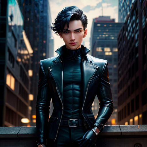 a man in a leather outfit standing on a ledge in a city at night with his hands on his hips
