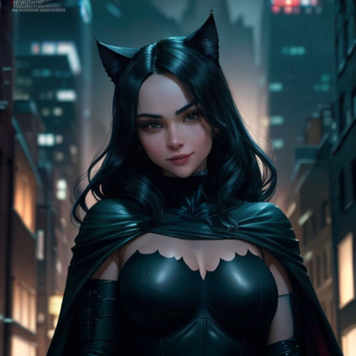 a woman in a cat suit and cape in a city at night with a cityscape in the background