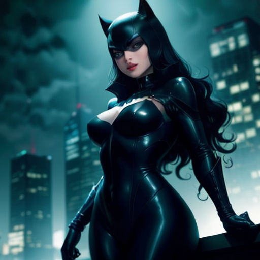 a woman in a cat suit standing in front of a city at night with a bat on her chest