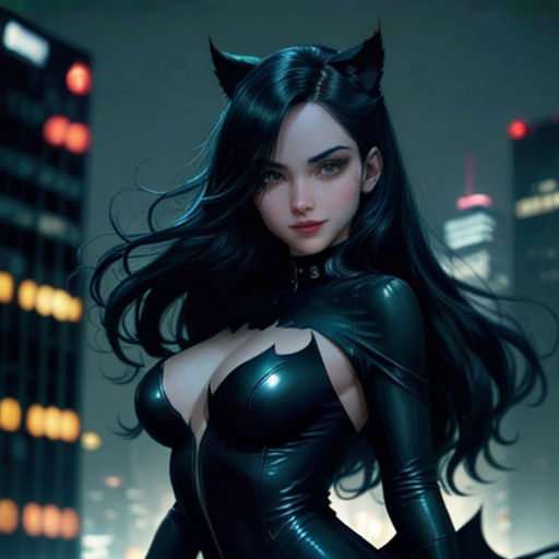 a woman in a cat suit is standing in the city at night with her hands on her hips and her eyes closed