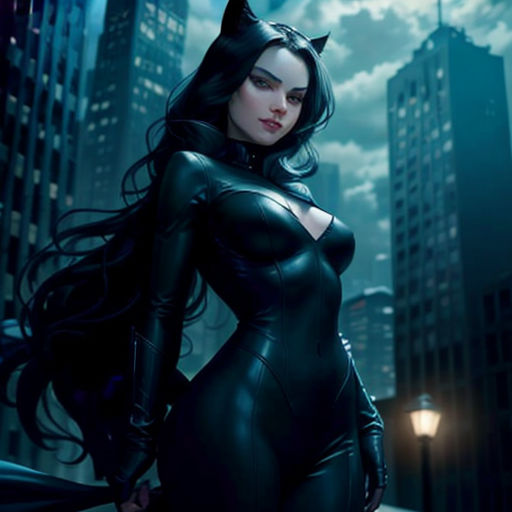 a woman in a cat suit standing in the city at night with her hands on her hips and her eyes closed