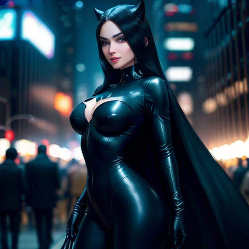 a woman in a cat suit and cape standing on a street at night with a city background in the background