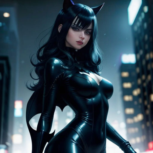 a woman in a cat suit standing in a city at night with her hands on her hips and her eyes closed