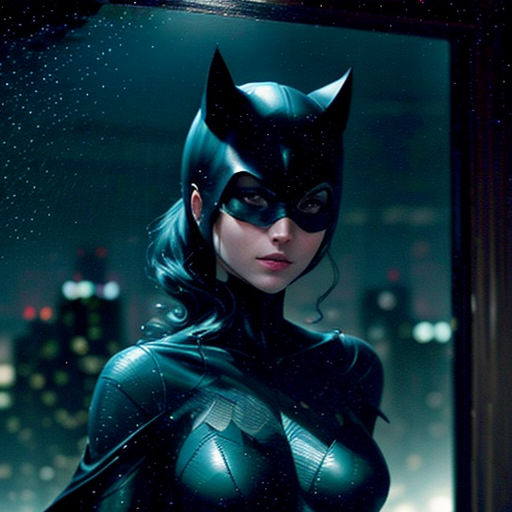 a woman dressed as batman standing in front of a window with a cityscape in the background and a batman mask on