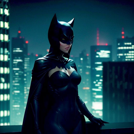 a woman in a batman costume standing on a rooftop at night with a city skyline in the background and a full moon in the sky