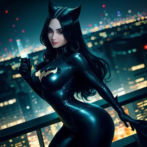 a woman in a cat suit posing for a picture in a city at night with a city skyline in the background