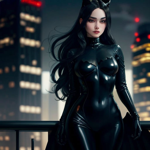 a woman in a cat suit standing on a balcony at night with a city skyline in the background and a cat - like headpiece