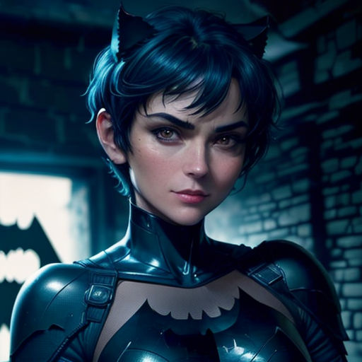 a woman in a cat suit is posing for a picture in a dark room with a batman sign behind her