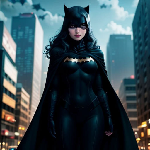a woman dressed as a batman standing in the middle of a city at night with a bat costume on