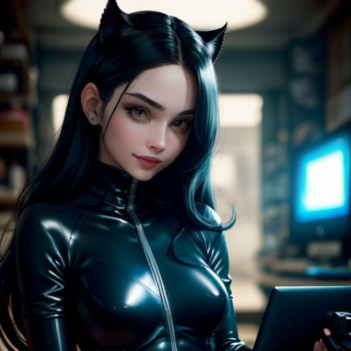 a woman in a cat suit holding a tablet computer in a room with a bookcase and a television