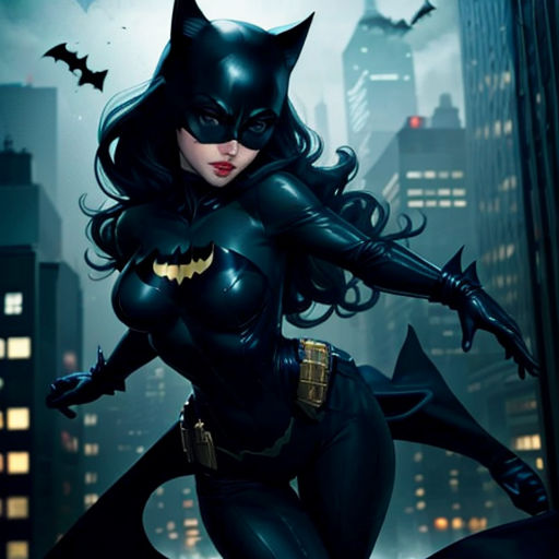 a woman dressed as batman in a city at night with bats flying around her and a bat flying above her head