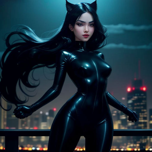 a woman in a cat suit standing on a rooftop at night with her hair blowing in the wind and a city skyline in the background