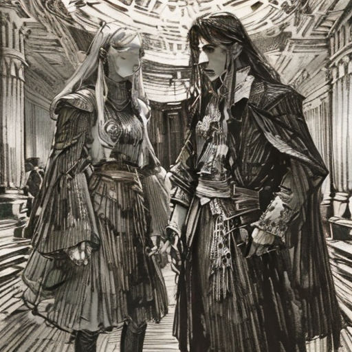 a drawing of two people in costumes standing next to each other in a hallway with a ceiling in the background